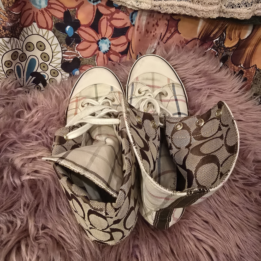 Coach Women's Plaid High-Top Sneakers - Cream and Brown - Picture 12 of 13